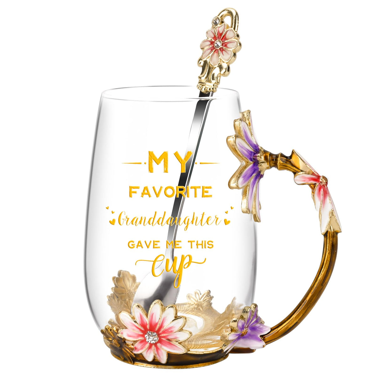 OEAGO front view enamel glass cup showing floral design and gift appeal