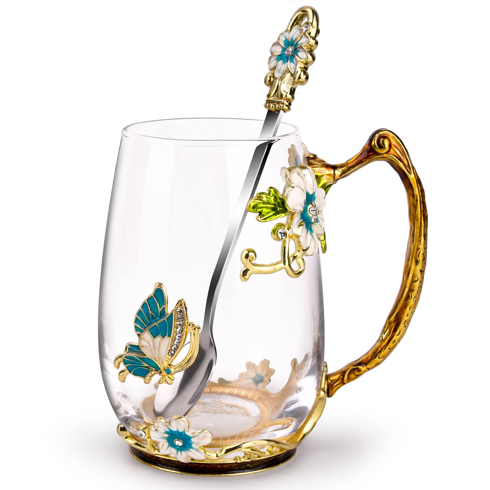 OEAGO front view of enamel glass mug showing decorative charm and gift appeal