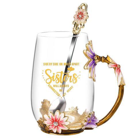 OEAGO front view enamel glass mug showcasing floral design and gift appeal