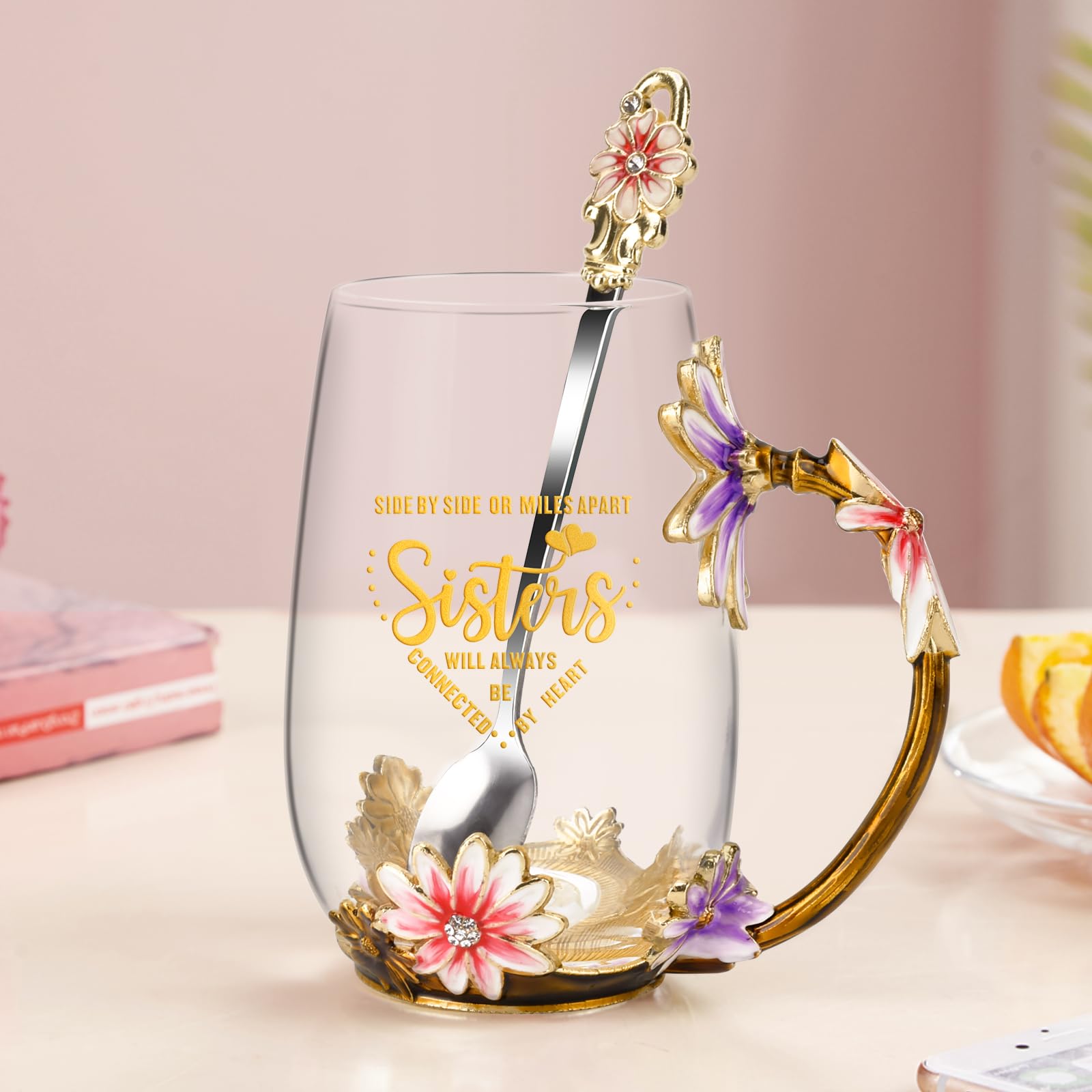 OEAGO mug on tea table with flowers portraying stylish lifestyle presentation