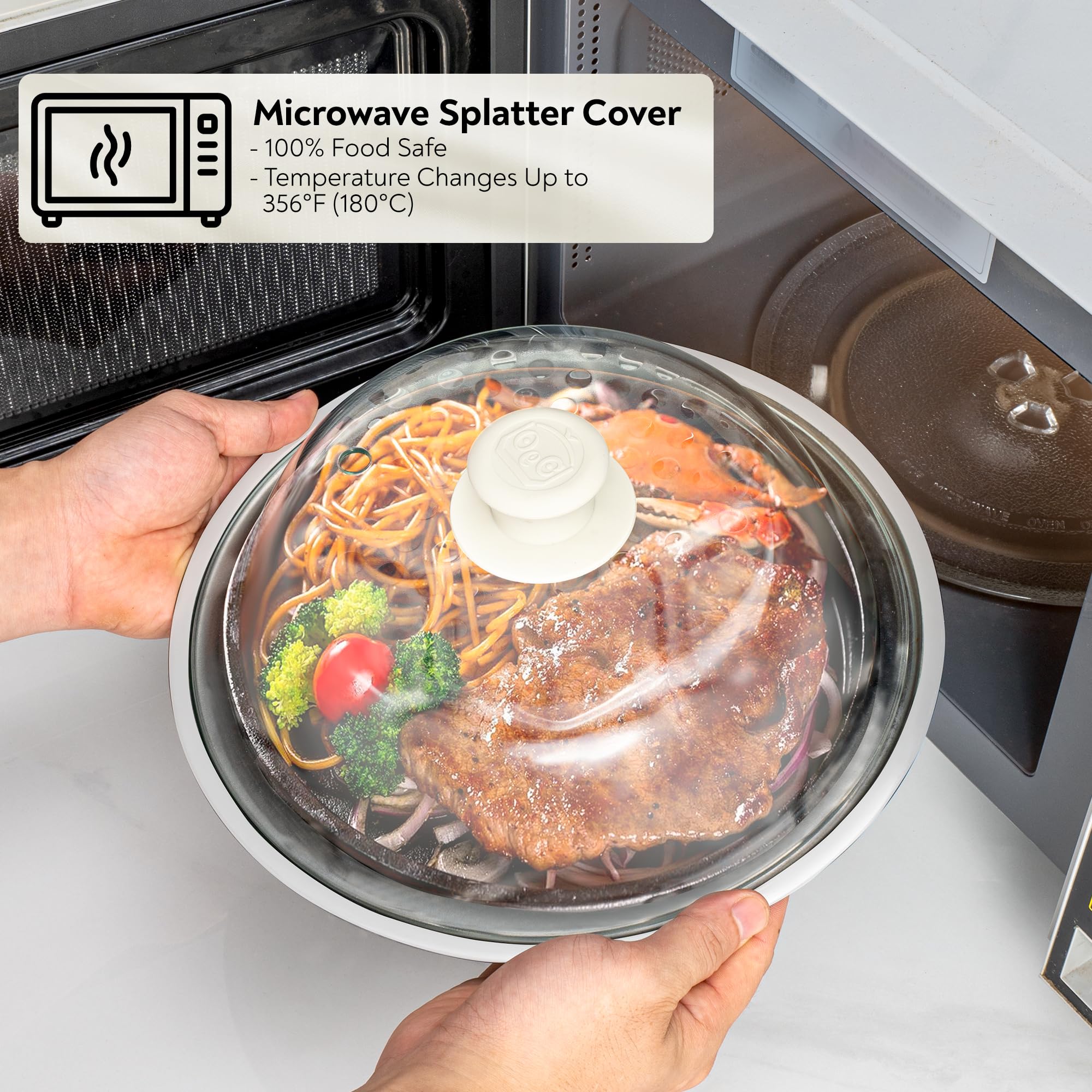 OEC cover in microwave showing clean reheating and mess prevention benefit