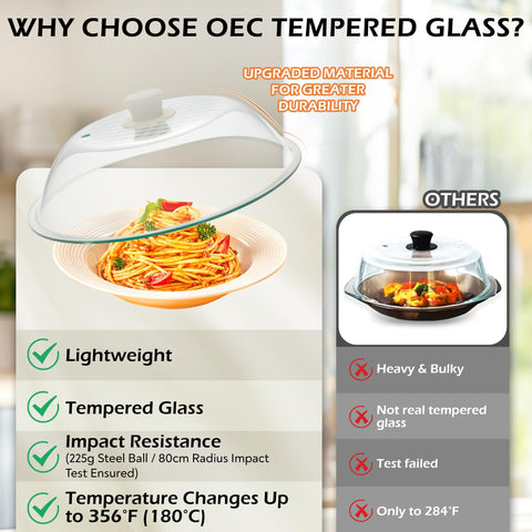 OEC scale comparison with dinner plate showing 12.5-inch fit for large dishes