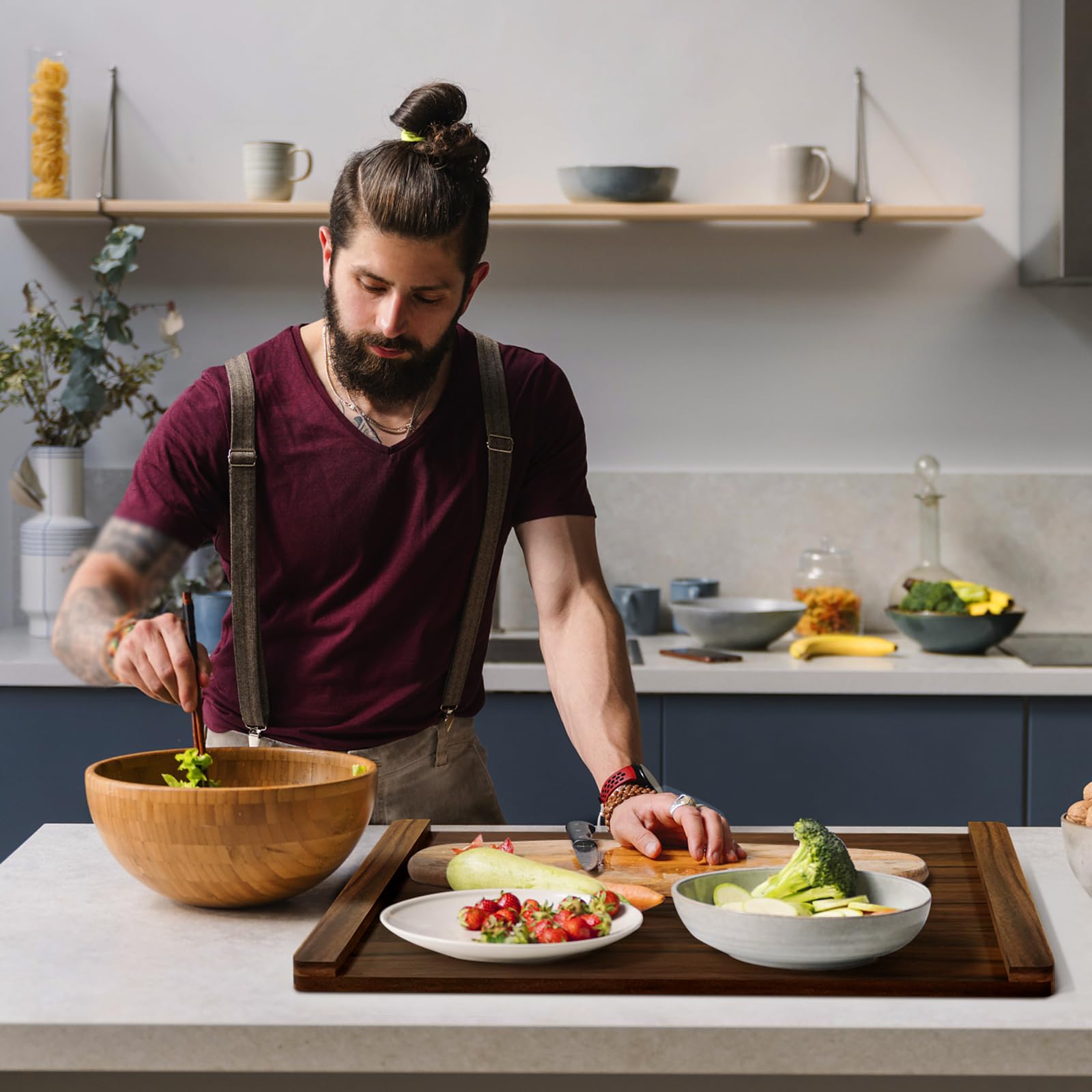 Oenalw in use as serving tray with bowls showing functional extra counter space benefit