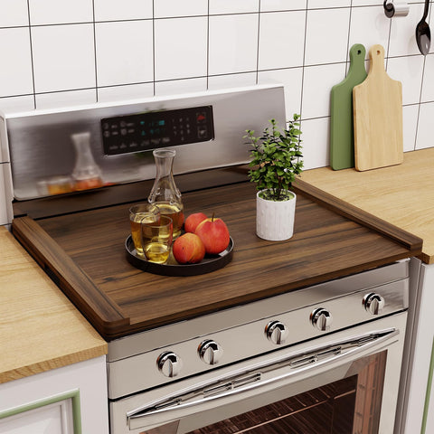 Oenalw stove cover front view showing full surface and rustic finish benefit of added workspace