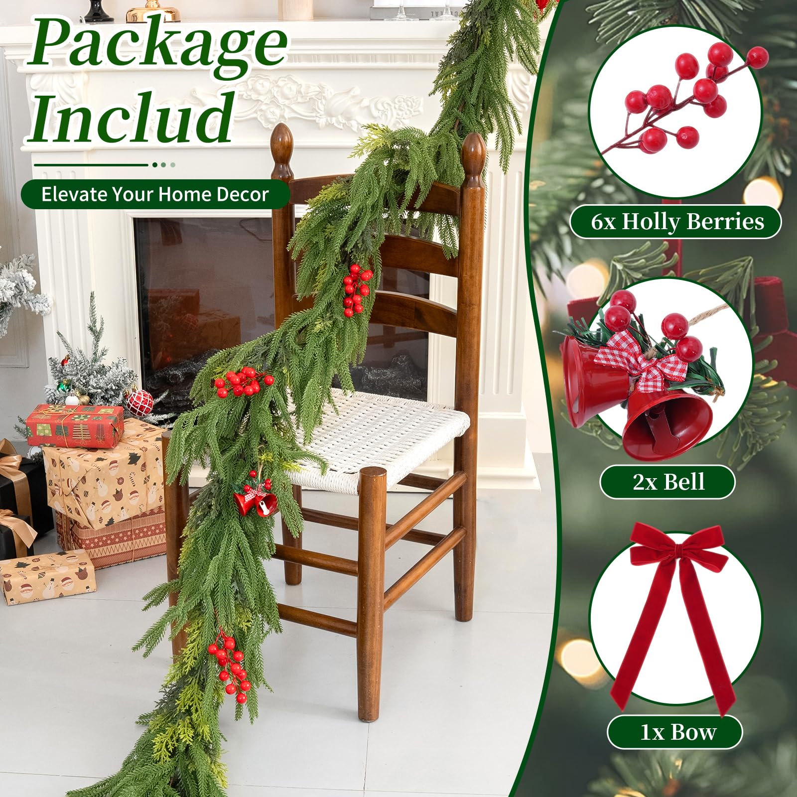 OEXLUFORD detail of holly berries, red bells, velvet ribbons adding festive charm and ready-to-hang convenience