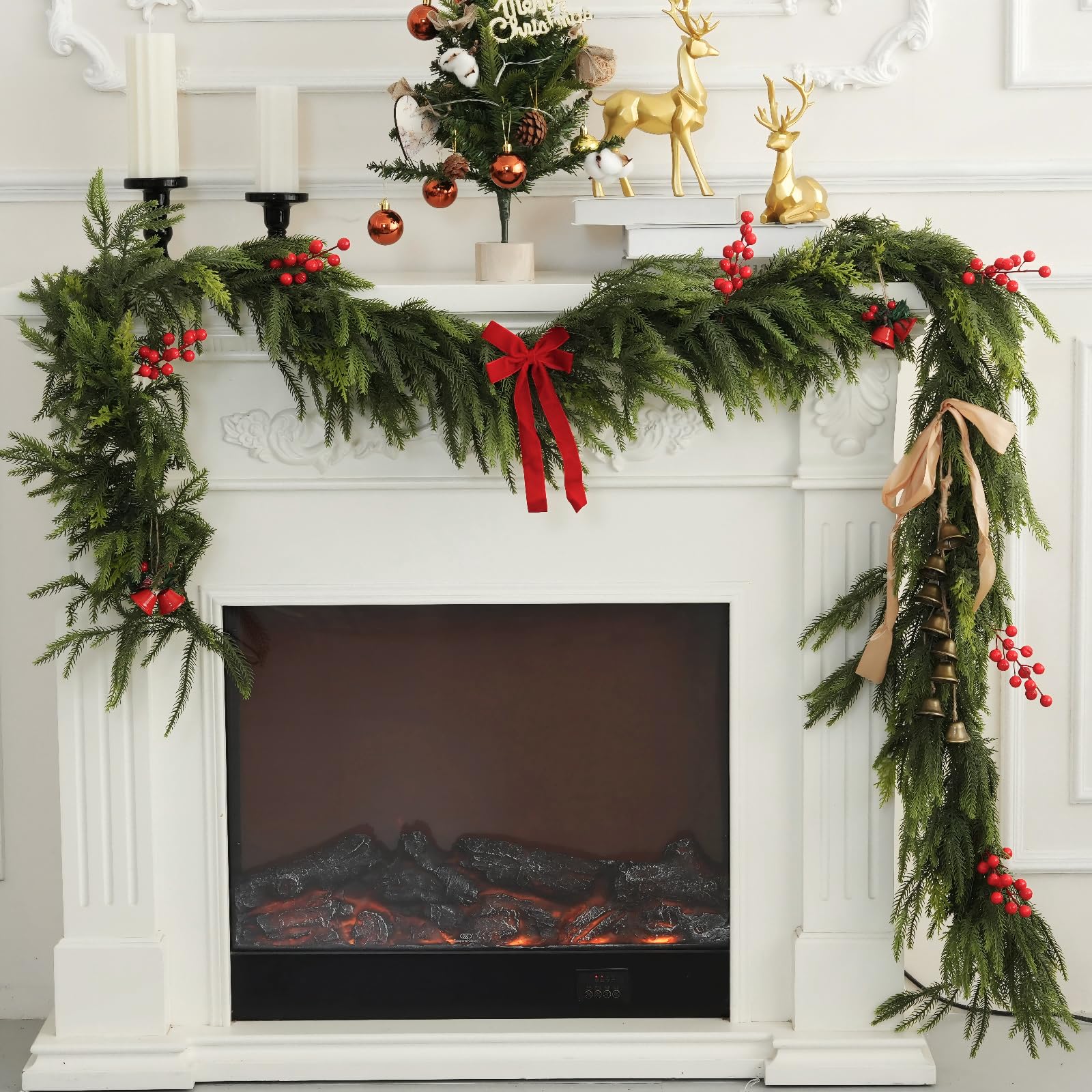 OEXLUFORD front view of full 9ft garland showing lush realistic look and instant holiday curb appeal