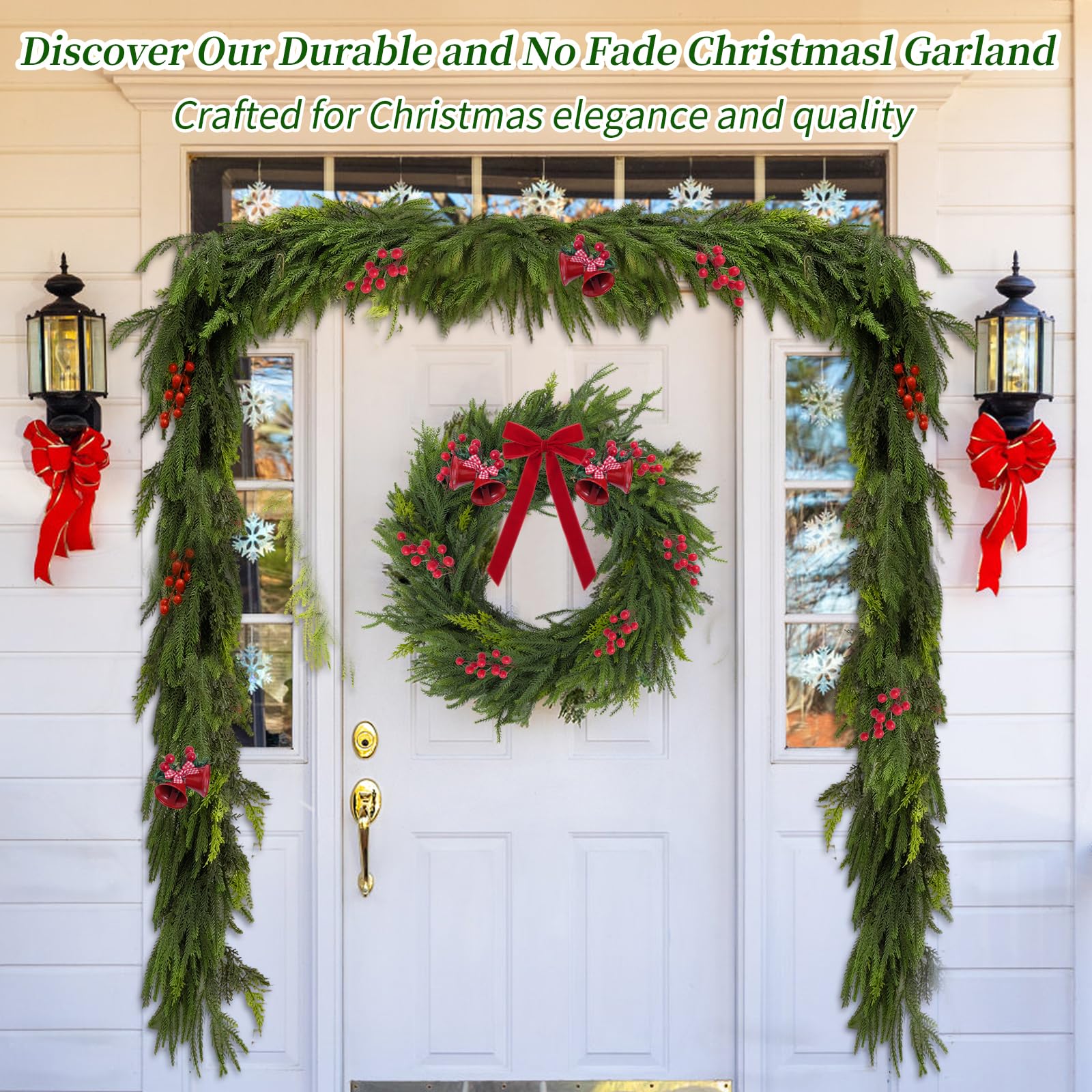 OEXLUFORD porch display with garland on rail showing outdoor suitability and welcoming entryway effect