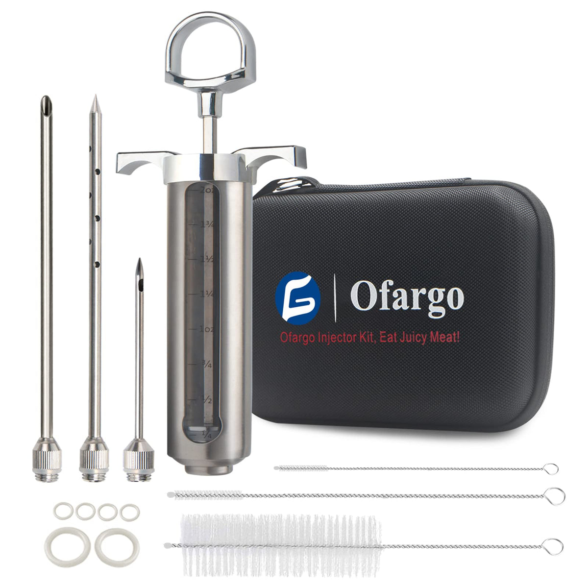 Ofargo injector front view showing stainless steel barrel and ergonomic plunger for durable use