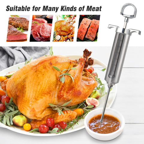 Ofargo injector in use on turkey demonstrating deep marinade infusion for juicier results