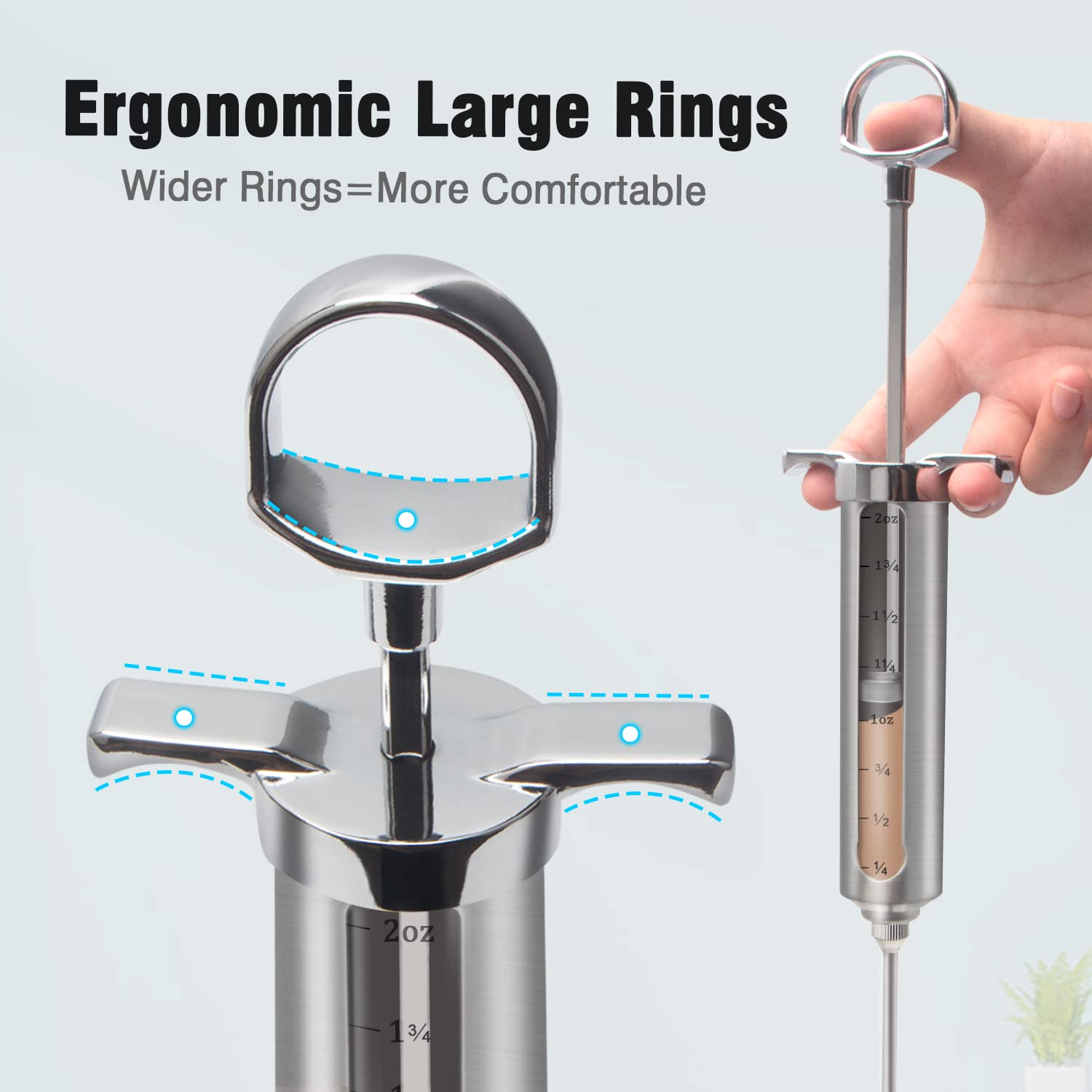 Ofargo plunger closeup showing enlarged surface for comfortable high-pressure injection