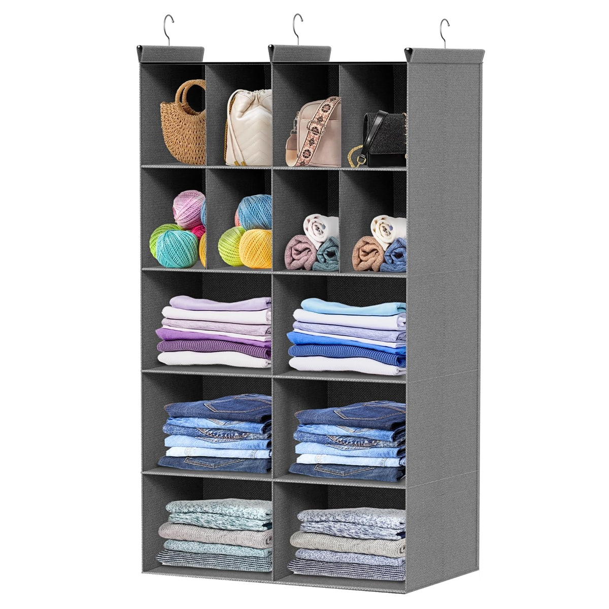 Ofiray-home front view of grey 5-tier organizer showing 14 compartments and neat storage benefit