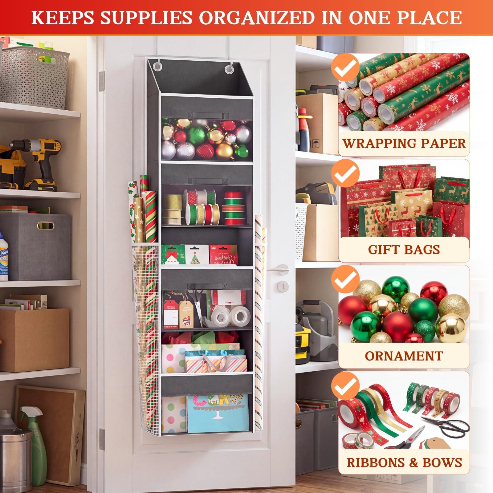 Ofiray-home organizer hung on door in wrapping station for organized gifting