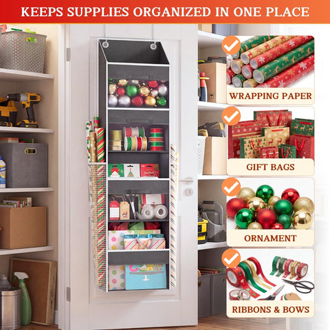 Ofiray-home organizer hung on door in wrapping station for organized gifting