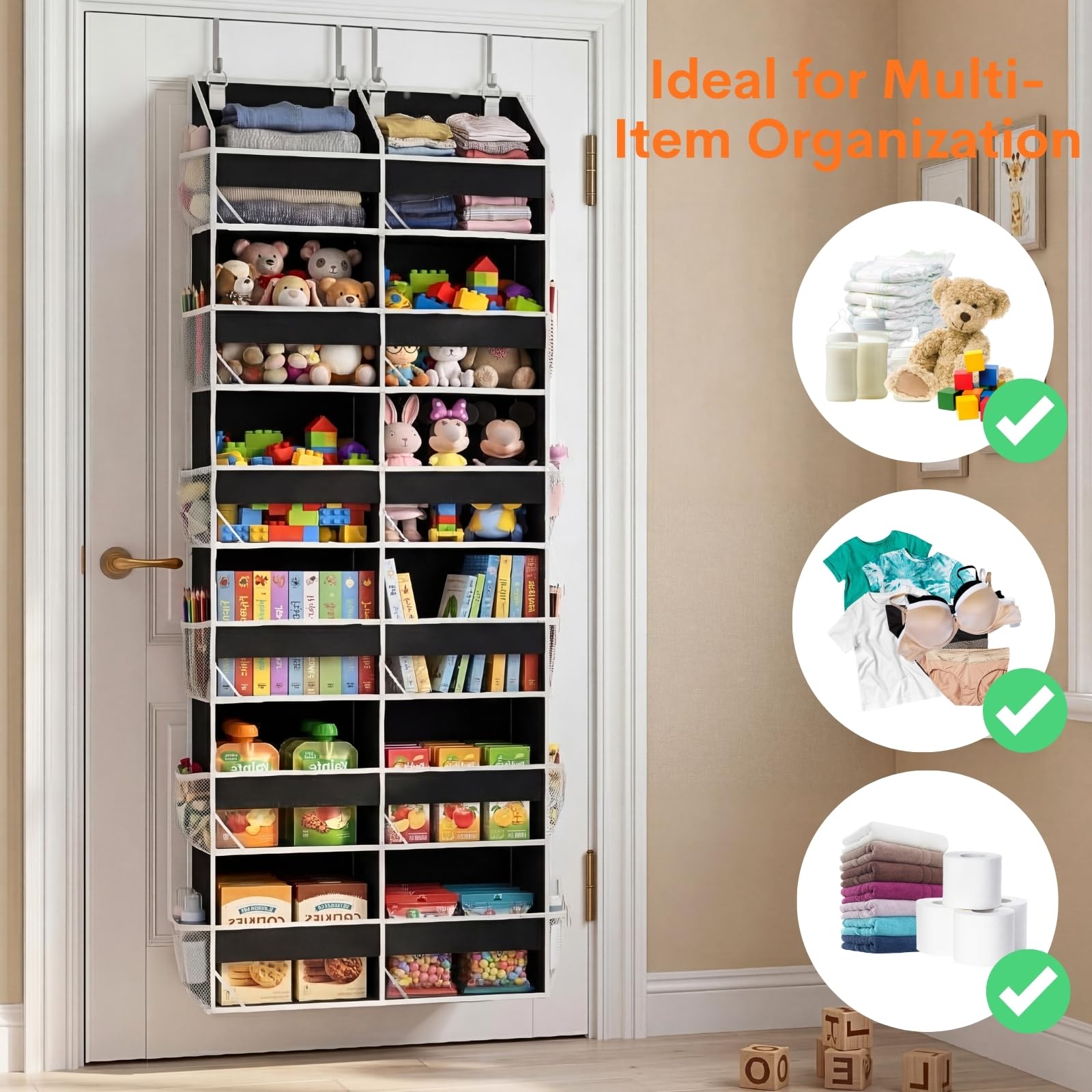 Ofiray-home pockets filled with shoes and toys demonstrating capacity