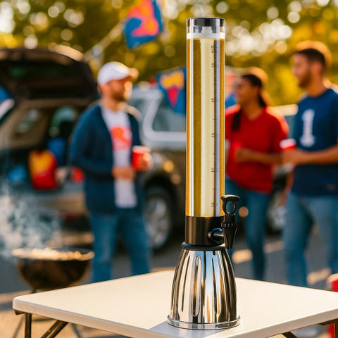 OGGI beer tower filled with mimosa showing colorful party display