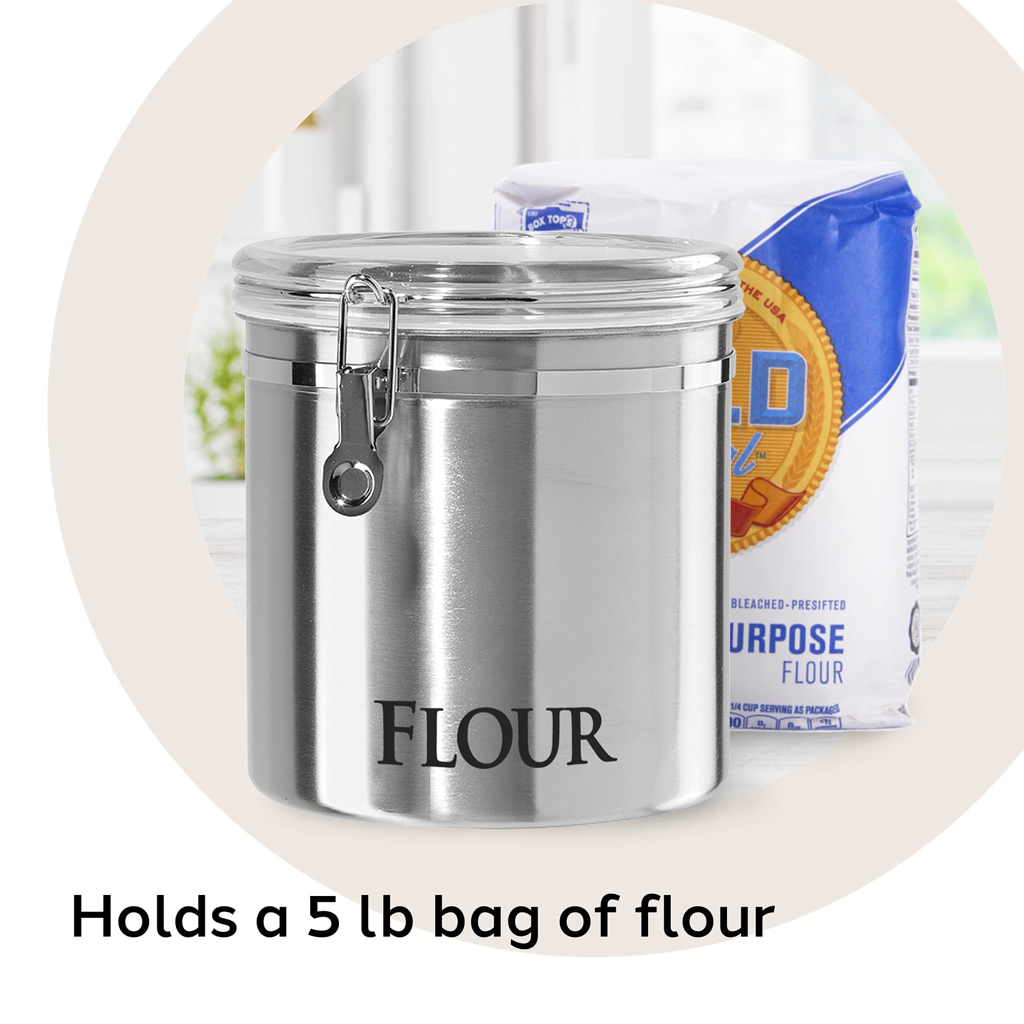 Oggi canister being filled with flour showing wide mouth reduces spills