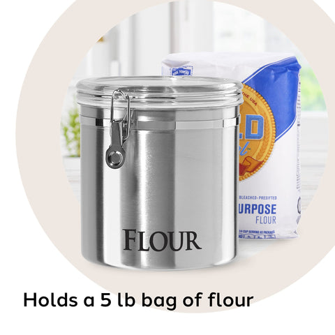 Oggi canister being filled with flour showing wide mouth reduces spills