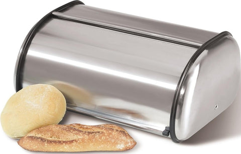 Oggi bread box front view showing sleek stainless finish and tidy storage benefit