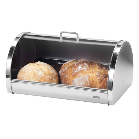 Oggi bread box roll-top open, offers quick access to baked goods