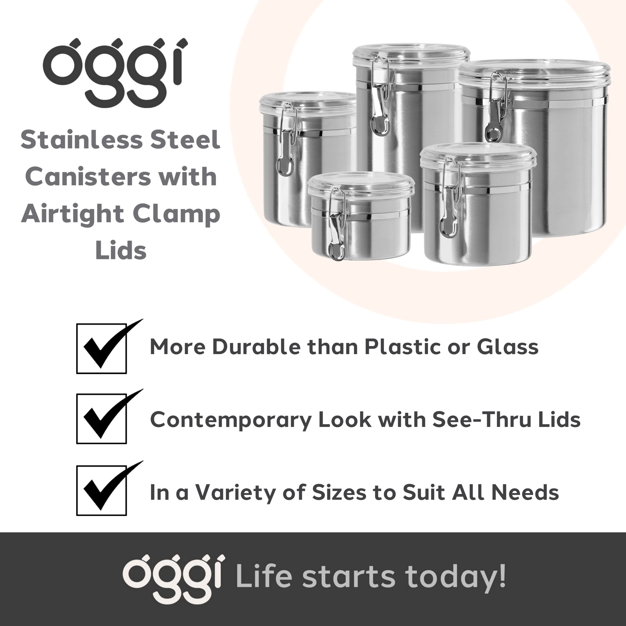 Oggi canister brushed stainless finish highlighting durable, easy-care surface