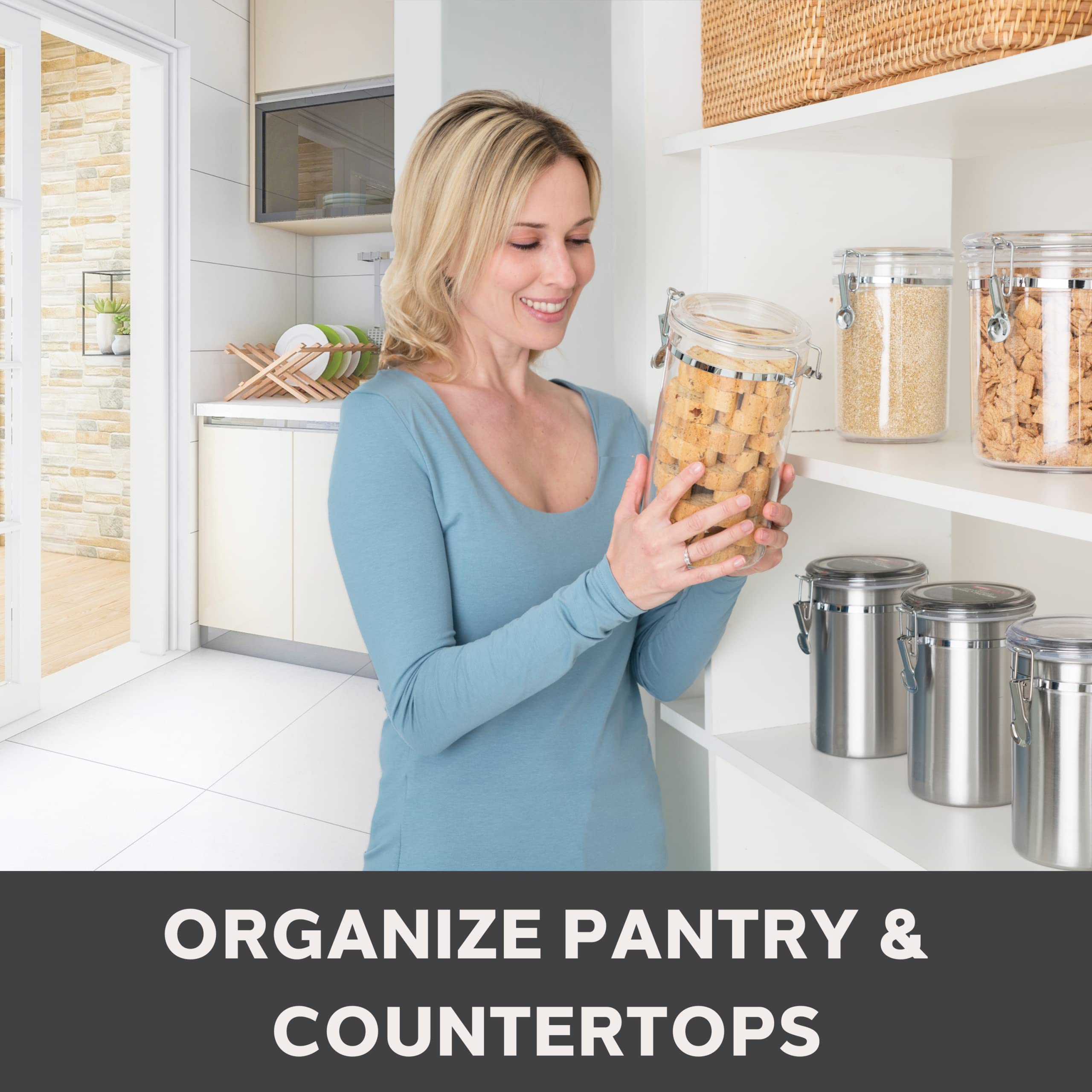 Oggi canisters stacked on pantry shelf showing space-saving organization benefit