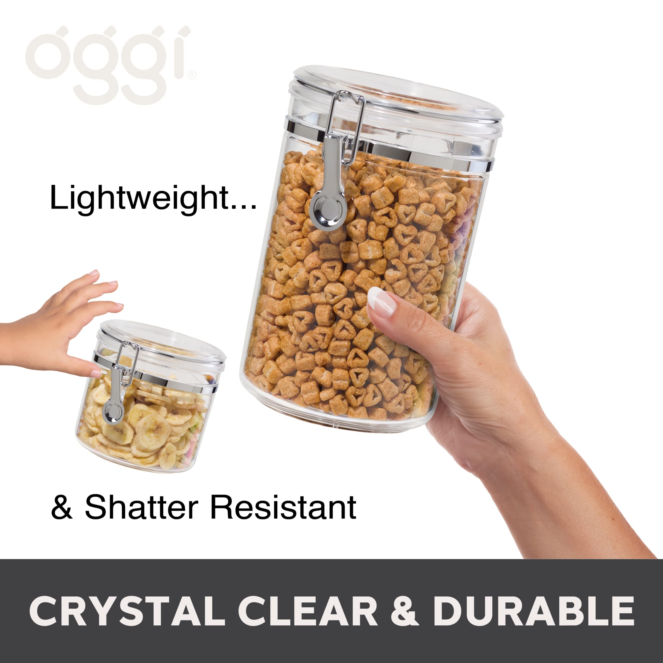 Oggi canisters stacked on pantry shelf saving counter space and enhancing organization benefit