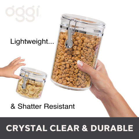 Oggi canisters stacked on pantry shelf saving counter space and enhancing organization benefit