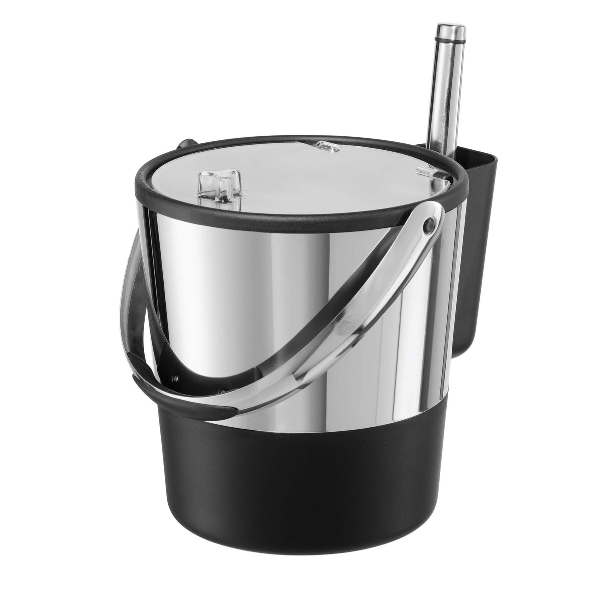 Oggi ice bucket front view showing sleek black stainless and lid benefit: stylish cooling