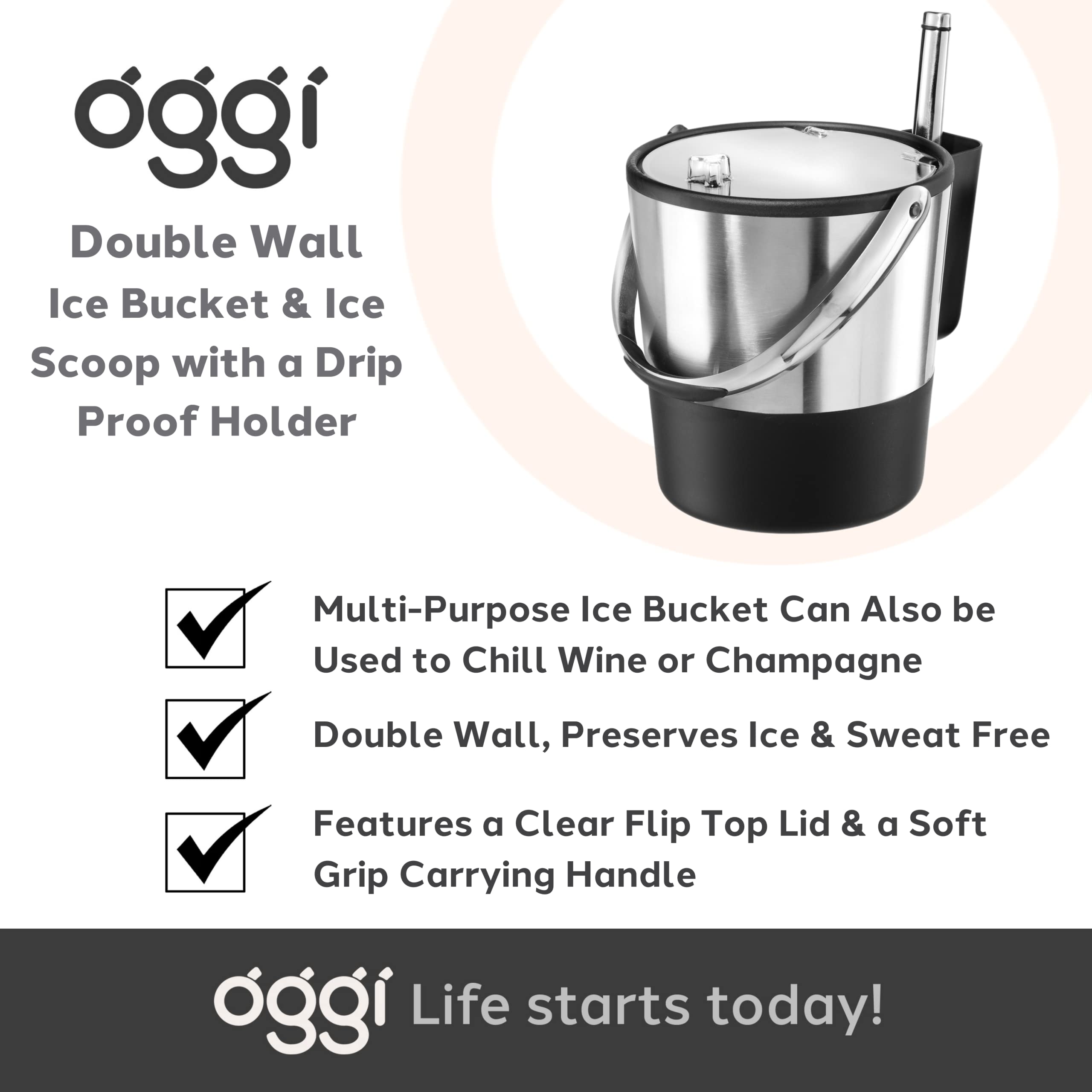 Oggi ice bucket on outdoor table showing lifestyle benefit: keeps drinks chilled outdoors