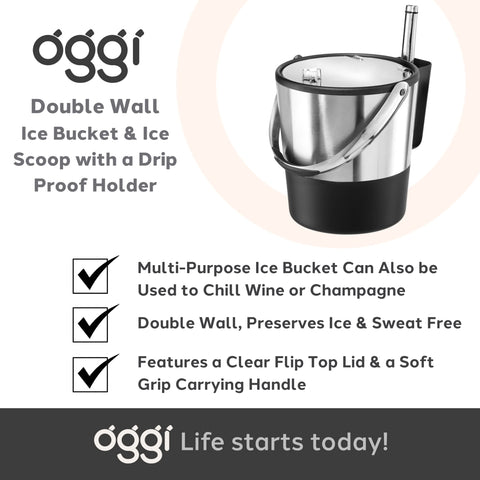 Oggi ice bucket on outdoor table showing lifestyle benefit: keeps drinks chilled outdoors