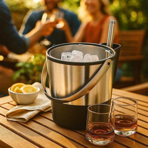 Oggi ice scoop in holder showing organized serving benefit: drip-free pouring