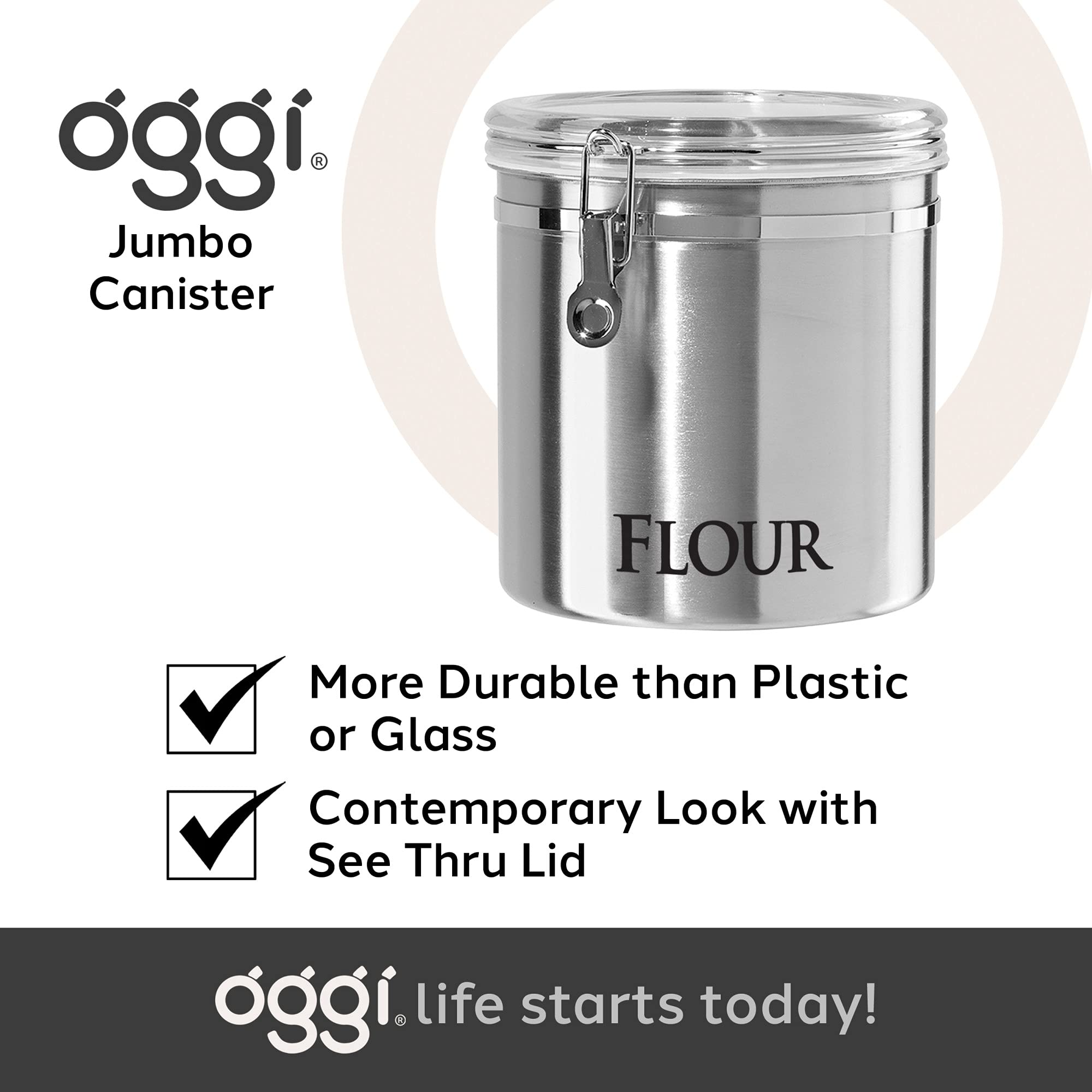 Oggi canister on pantry shelf among jars showing organized storage benefit