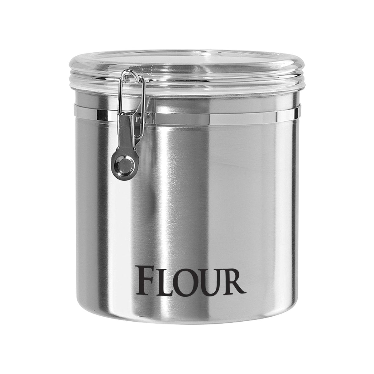 Oggi stainless steel canister front view showing sleek finish and capacity benefit