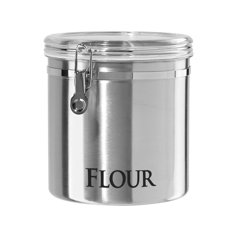 Oggi stainless steel canister front view showing sleek finish and capacity benefit