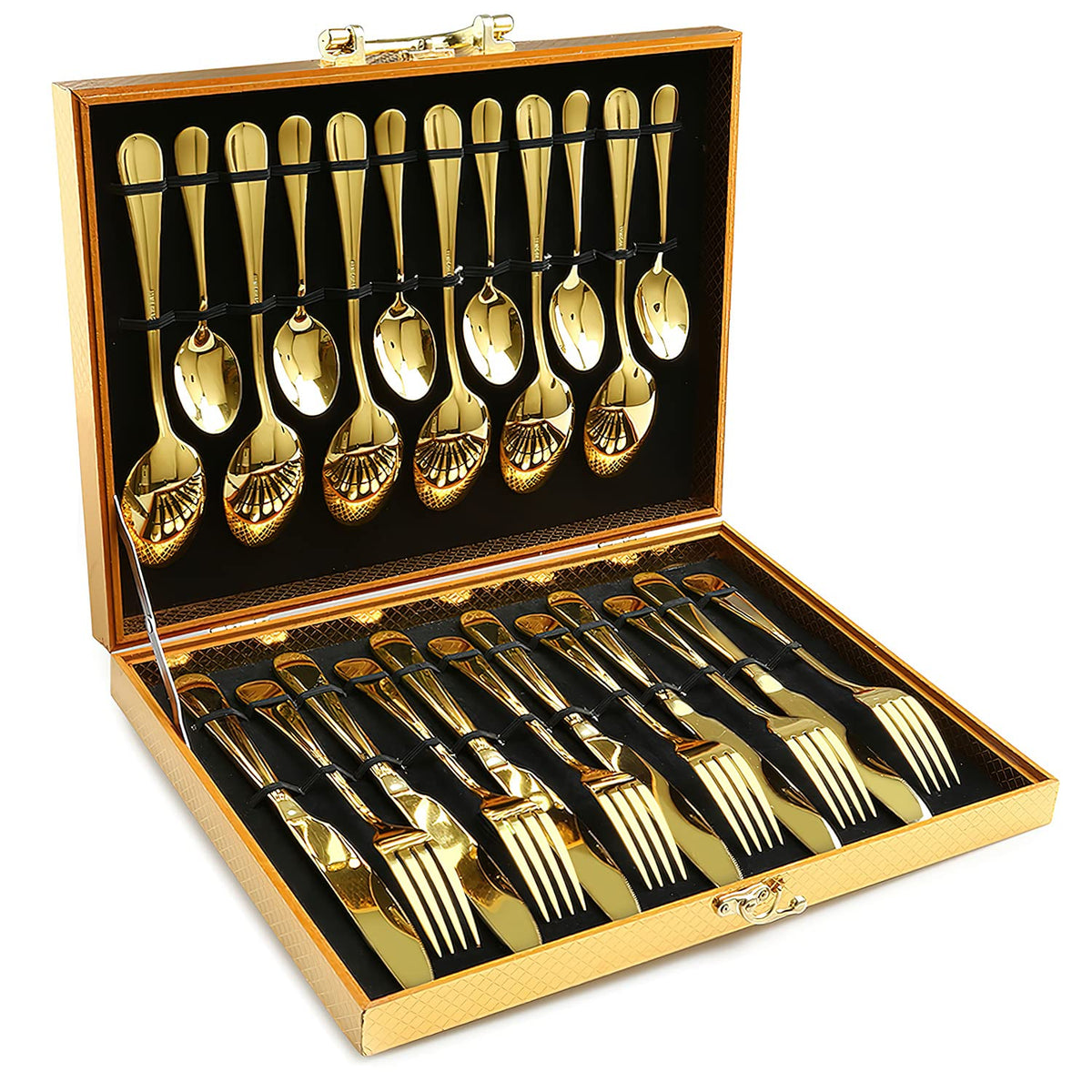 OGORI gold flatware front packaging showing full 24-piece set and presentation benefit