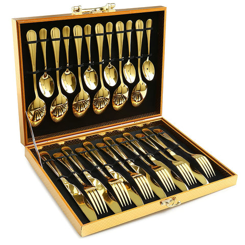 OGORI gold flatware front packaging showing full 24-piece set and presentation benefit