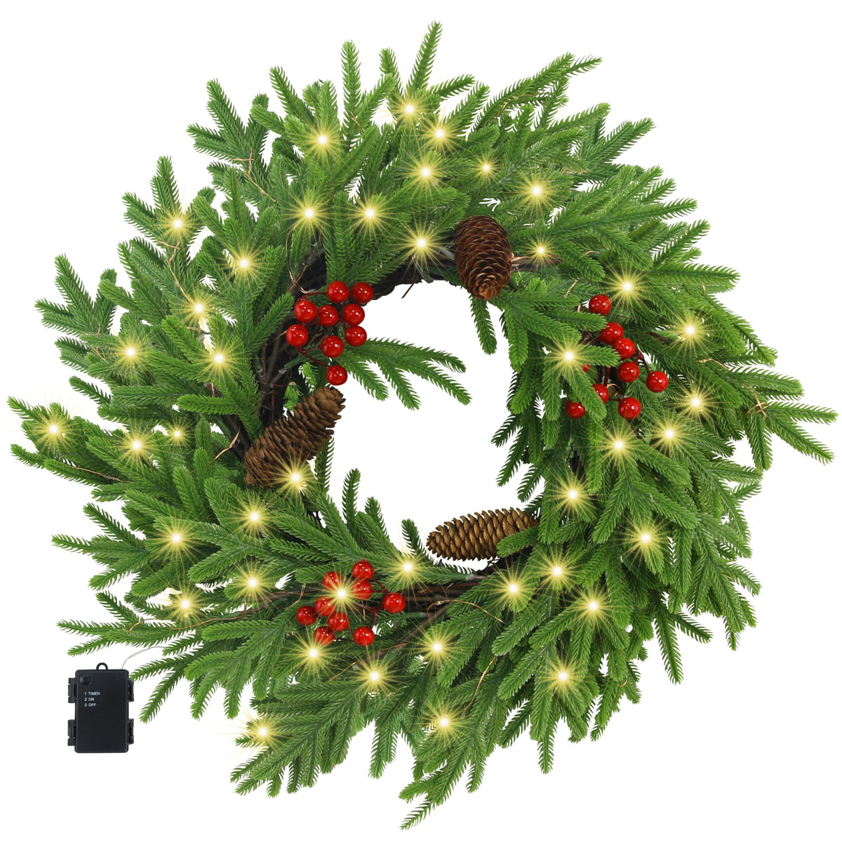 Ogrmar wreath on front door showing lit decorations and welcoming curb appeal