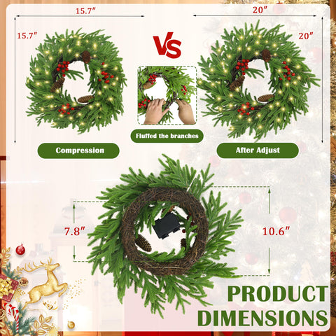 Ogrmar pre-lit wreath at night demonstrating warm LED glow and ambiance
