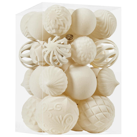 Ohapishop front view of 30-piece velvet ornament set showing cream color and package benefit