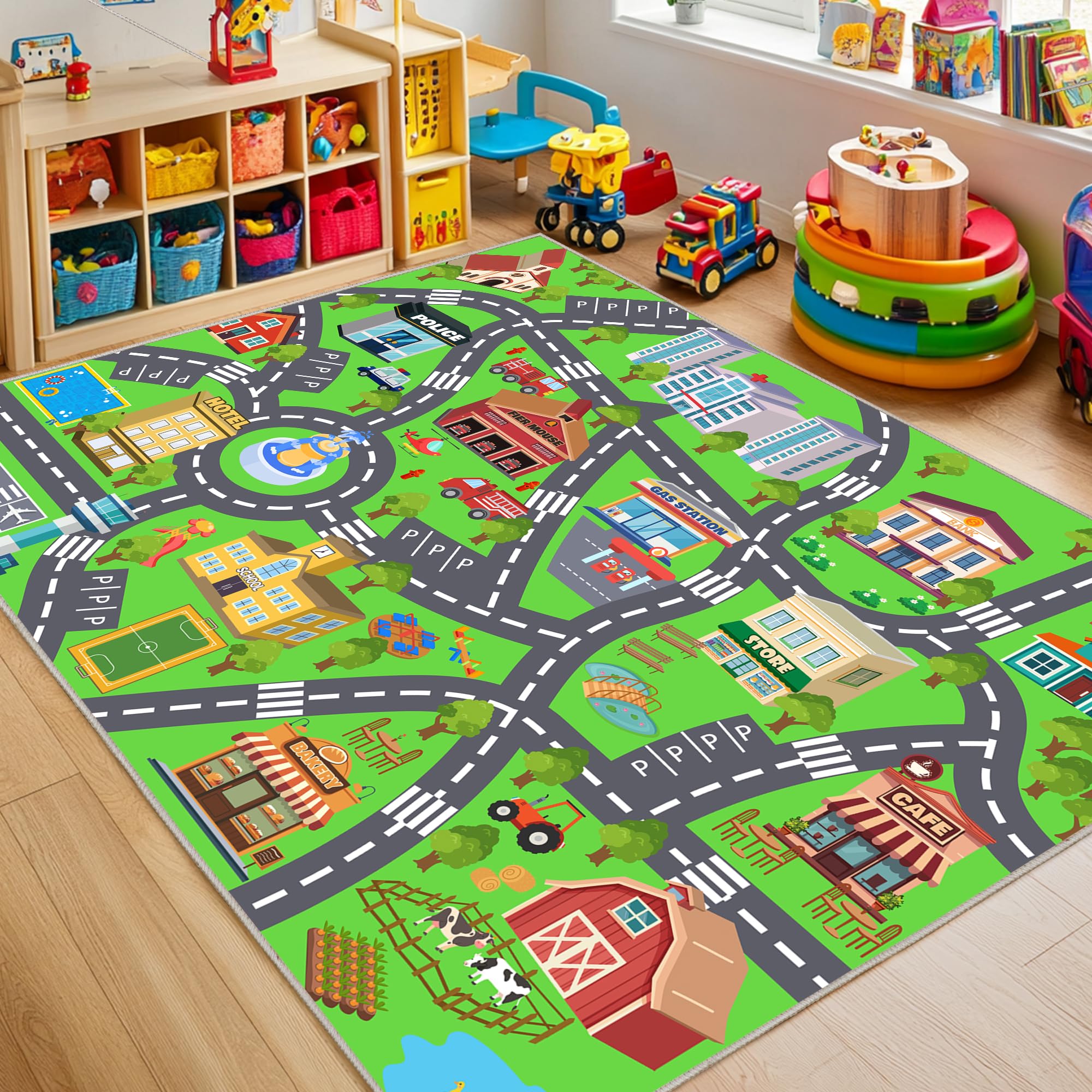 OHDS front view of rug with city road design showing playful map and benefits