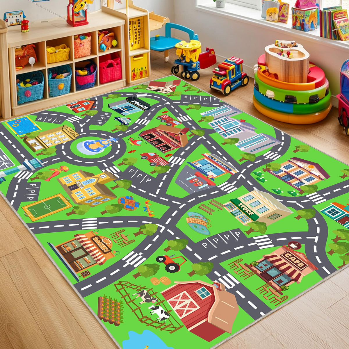 OHDS front view of rug with city road design showing playful map and benefits