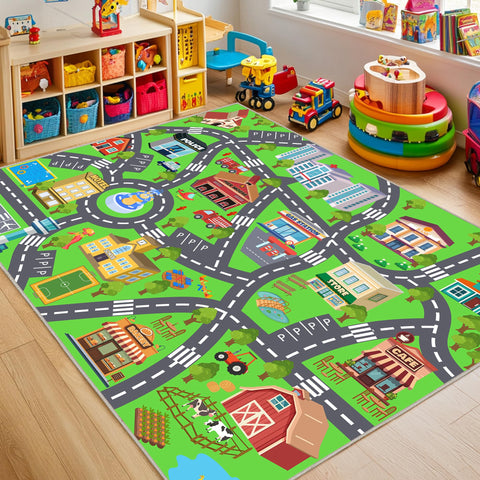 OHDS front view of rug with city road design showing playful map and benefits