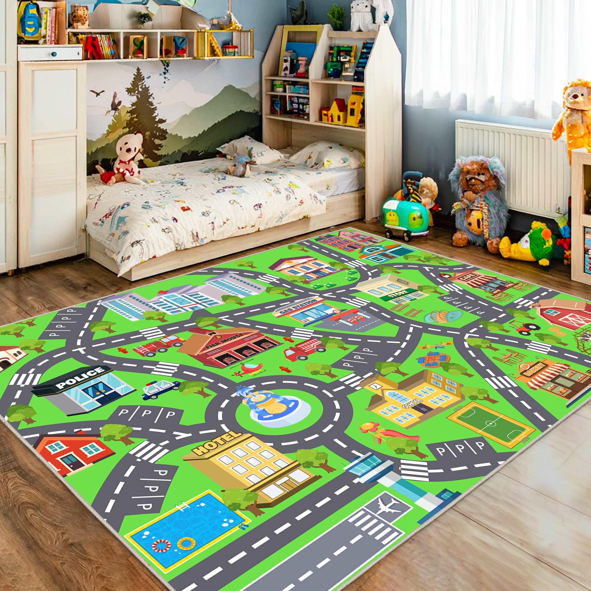 OHDS rug placed in a kids playroom promoting organized neat play area