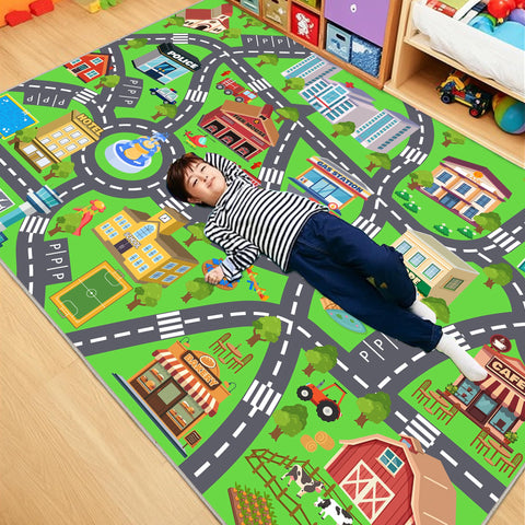OHDS rug beside toy car showing scale and practical size fit