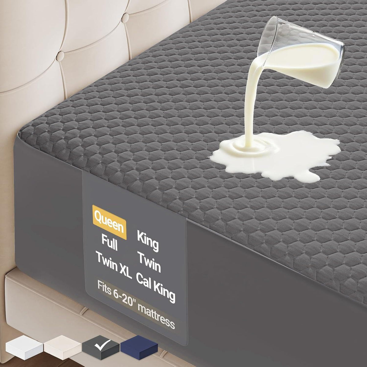 OhGeni front view showing fitted queen gray protector and neat finish for mattress protection