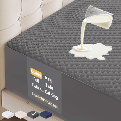 OhGeni front view showing fitted queen gray protector and neat finish for mattress protection