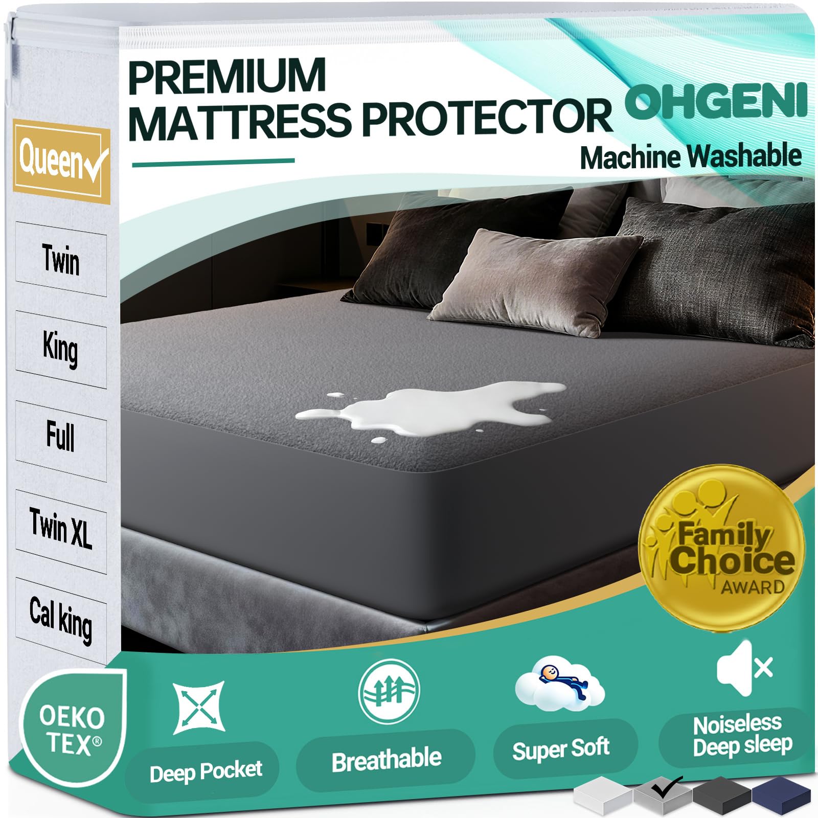OhGeni front view of queen mattress protector showing neat fitted corners and gray color, protects mattress