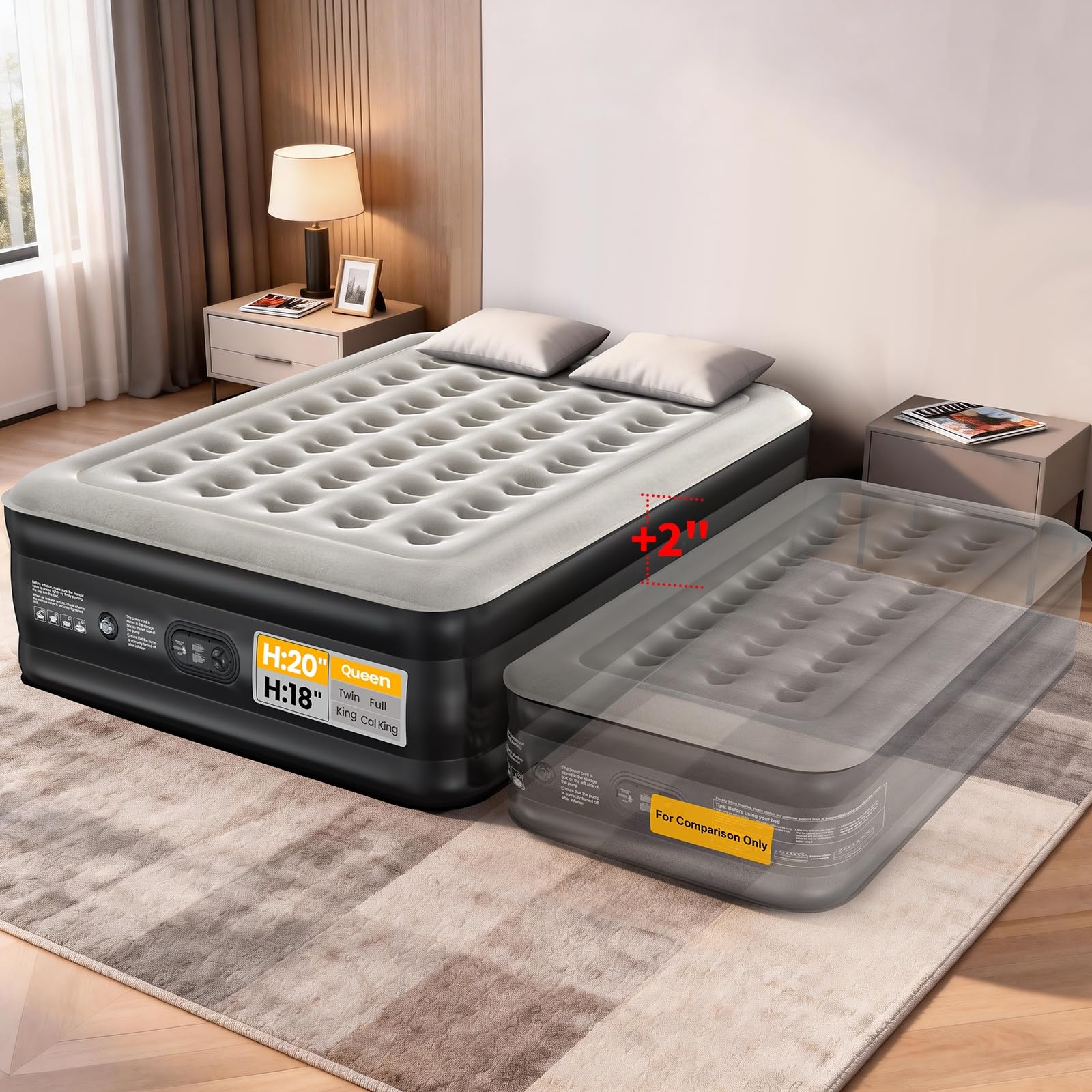 OhGeni front view of raised queen air mattress showing stable sleep surface and fast setup