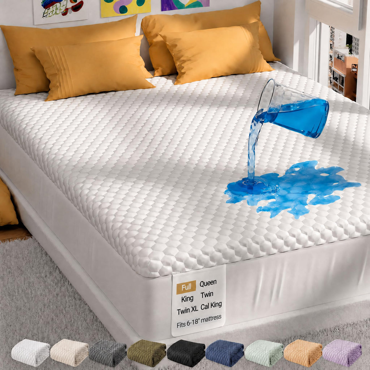 OhGeni front view of full waterproof mattress protector showing snug fit and clean finish