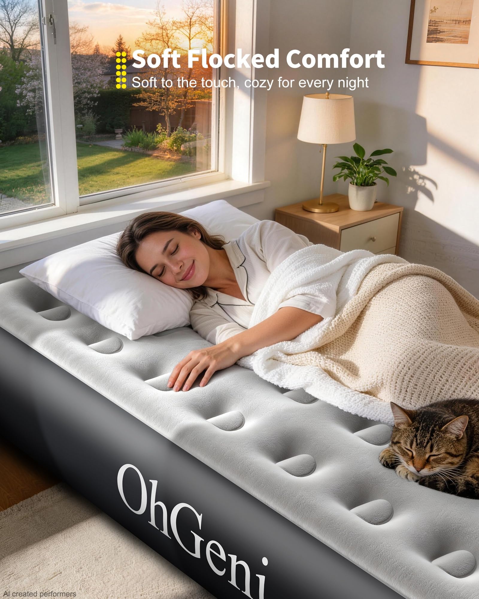 OhGeni mattress next to chair showing 13-inch raised height